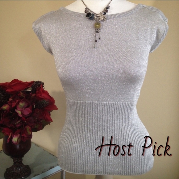 NEW Silver Shimmer Top Sexy Split Shoulder Stretch Fitted Pullover Vtg Rampage M - Picture 9 of 9